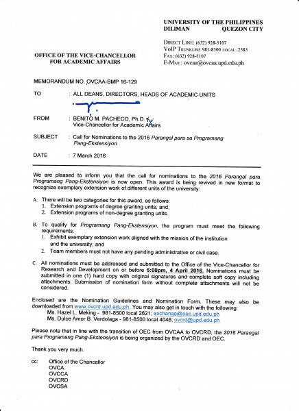Memorandum No. OVCAA-BMP 16-129_Call for Nominations to the 2016 Parangal para sa Programang Pang-Ekstensiyon